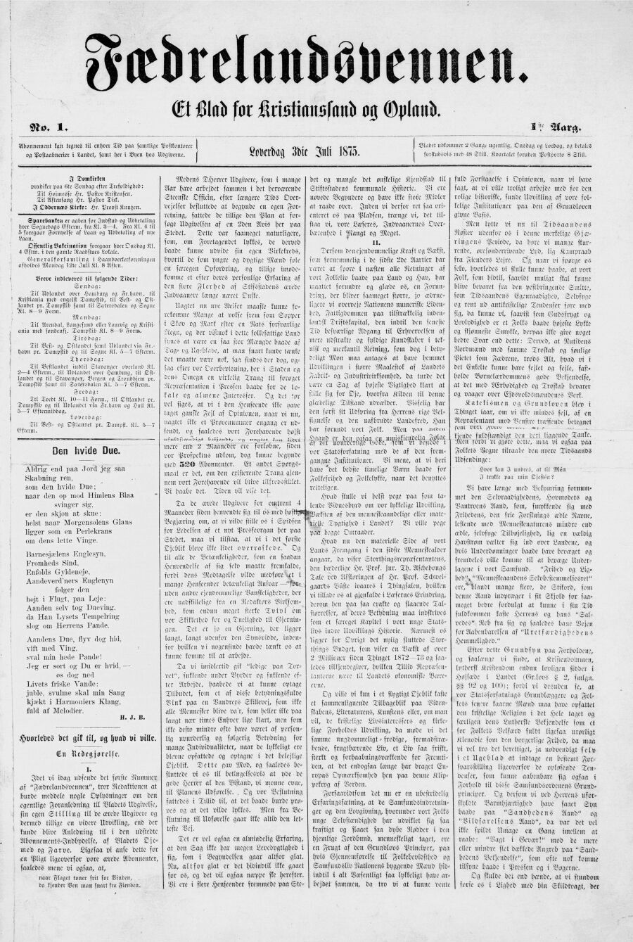 Første utgave av Fædrelandsvennen den 3. juli 1875