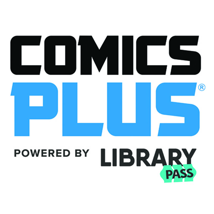 Comics Plus gir deg tilgang til mange typer tegneserier når og hvor vil. (Ill.: Comics Plus) Logo for tegneseriebasen Comics Plus