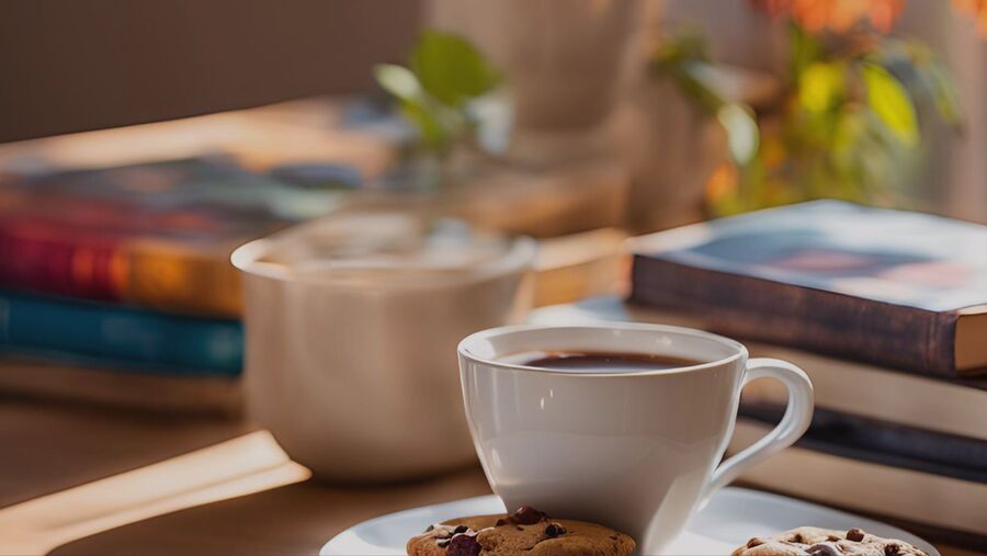 Velkommen til kaffe og litterært påfyll. Kaffekopp og bøker