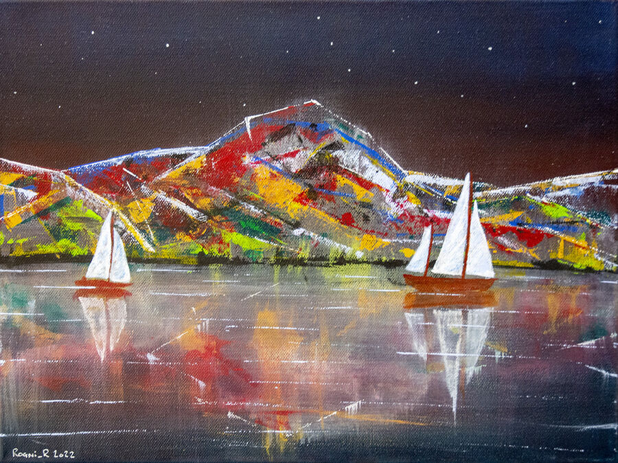 Akrylbilde, to seilskip foran fjell med stjernehimmel